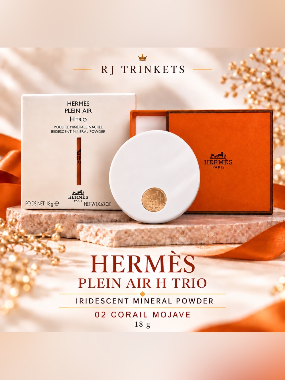 Hermès Plein Air H Trio Iridescent Mineral Powder — Coral Orange & White